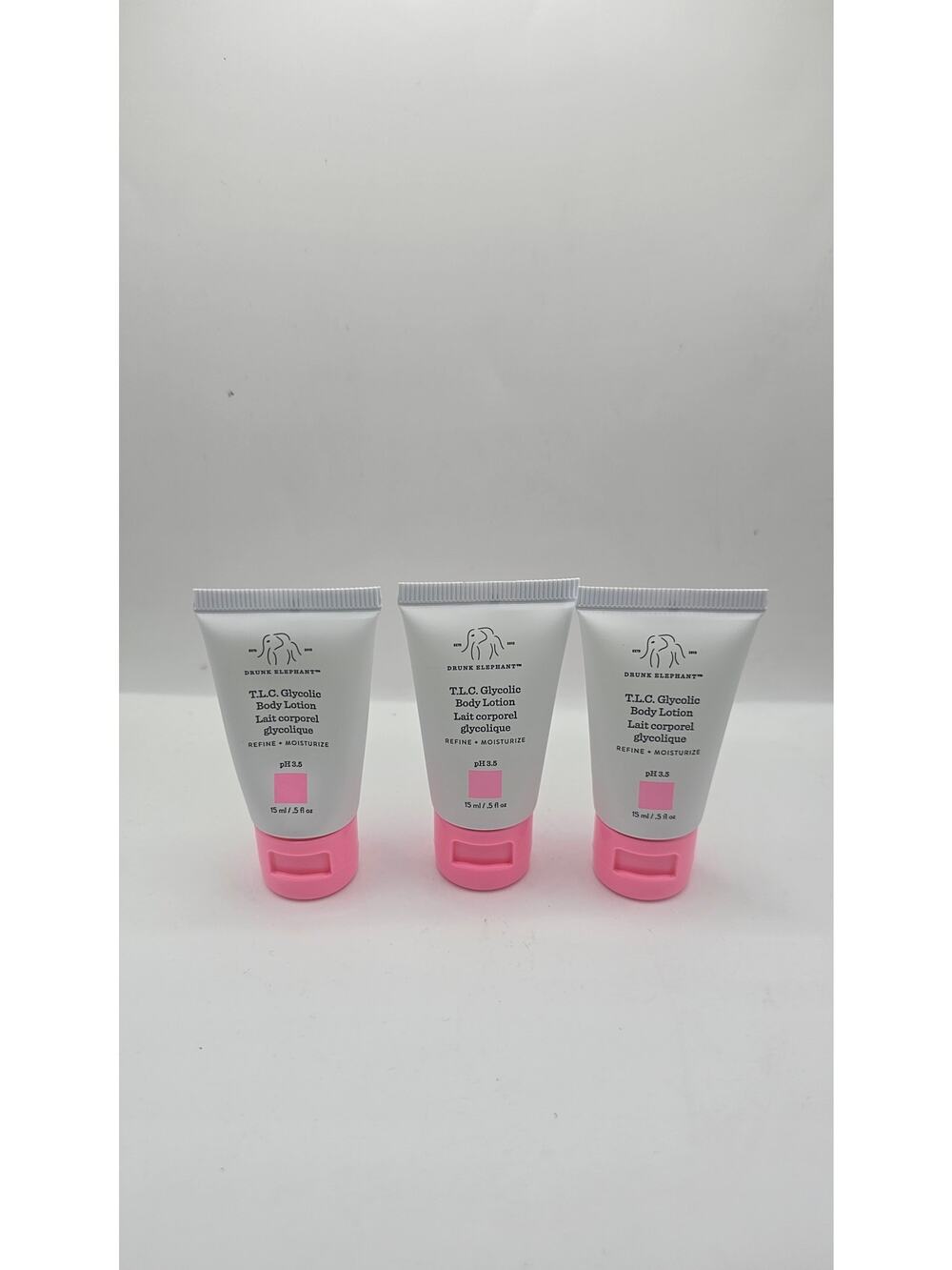 LOT OF 3  Drunk Elephant T.L.C. Glycolic Body Lotion 15 ML . AHA Lotion -